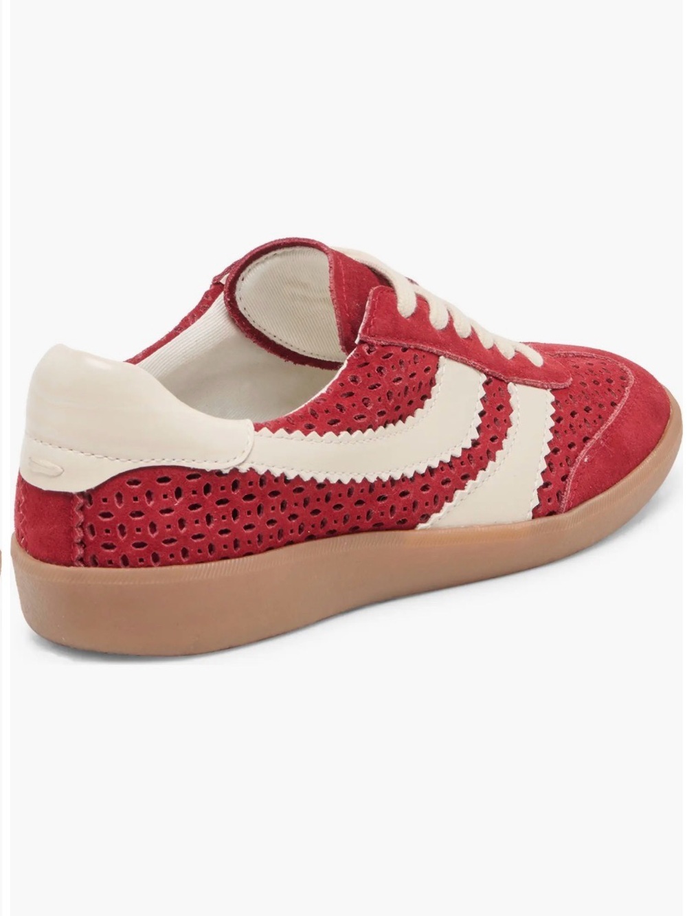 Dolce Vita Merit Perforated Red Suede Sneaker with Cream Accents - Picture 3 of 10